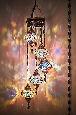 PLUG IN 5 Globe Turkish Mosaic Ceiling Hanging Swag Lamp Chandelier Light W PLUG • $158.80