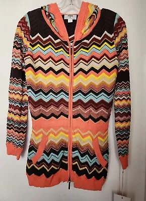 Missioni Chevron Zig Double Zip Cardigan Hoodie Sweater L Coral Brown Turquoise  • $20