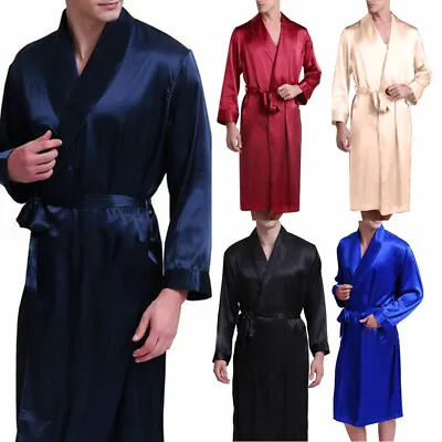 Men's Satin Silk Kimono Wrap Dressing Gown Robe Pajamas Nightwear Sleep Bathrobe • £13.64