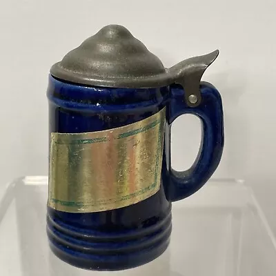 Miniature Blue Stoneware Stein With Metal Lid And Worn Advertising • $9.60