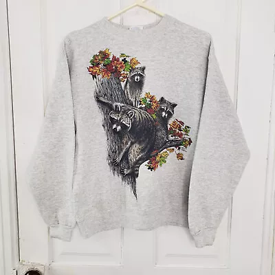 Vintage Raccoon Sweatshirt Adult L Gray Nature 90s Outdoors Animal Pullover USA • $29.99