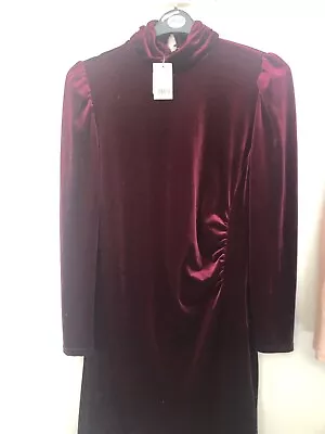 Deep Red Velour Velvet Body Con Dress With High Neck Size 12 Goth • £5