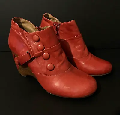 Miz Mooz New SILAS Red Leather Ankle Boots 6.5 Zippers Stacked Heel Buttons • $75