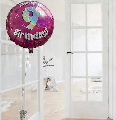 Pink Silver Themed Happy 9th Birthday 18in Foil Balloon. Age 9 Party Decorations • £3.25