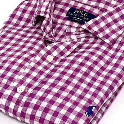 Mens Polo Ralph Lauren Purple White Gingham Linen Long Sleeve Shirt M Medium • £10.50