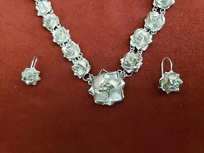 Mexican Silver Rose Necklace And Earrings • $119.99