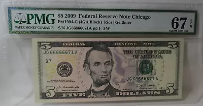 2009 6 Of A Kind $5 Dollar Bill 6 Of A Kind 6s Fancy Serial Number Note PMG 67 • $104.99