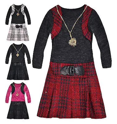 £4.24 • Buy Girls Long Sleeved Check Skirt Dress New Checked Winter Dresses 2 3 4 5 6 Years