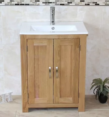 Bathroom Vanity Unit | Compact Oak Sink Cabinet | Ceramic Basin Tap Plug • £404