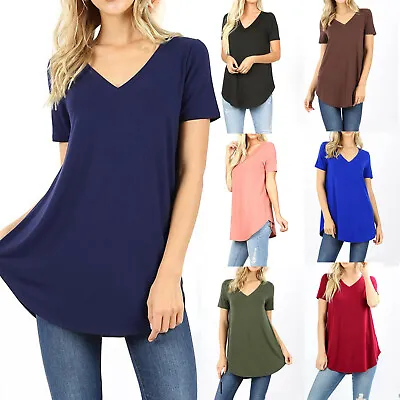 $9.99 • Buy Womens Loose Fit Short Sleeve T-Shirt V-Neck Casual Basic Tunic Top Long Blouse