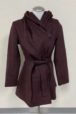 TRINA TURK Wine Amelia Belted Wrap Wool Cashmere Hooded A-line Coat Jacket US 0 • $38.49