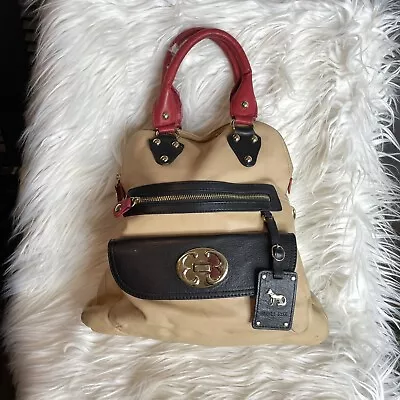 $75 • Buy EMMA FOX Large Tan Black Red Leather Satchel  Fold Over Handbag No Strap