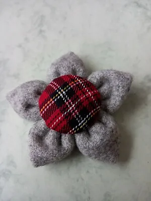 Handcrafted 8cm Flower Brooch In Pale Grey Wool Fabric. Red Tartan Centre  • £4.50