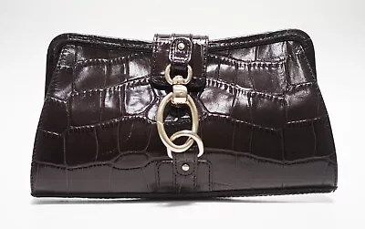 ANN TAYLOR Dark Brown Leather Clutch Croc Embossed Frame Bag Silver Retro Mod • $36.99