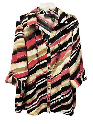 Maggie Barnes 14W 16W OX Button Front Blouse Wavy Stripe Pink Beige W/ Necklace • $14.01