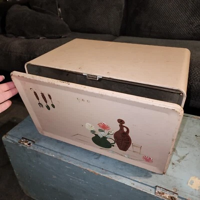 $60 • Buy Vintage 1950s Ransburg Beige - Cream Metal Tin Vented Bread Box  Great Patina 