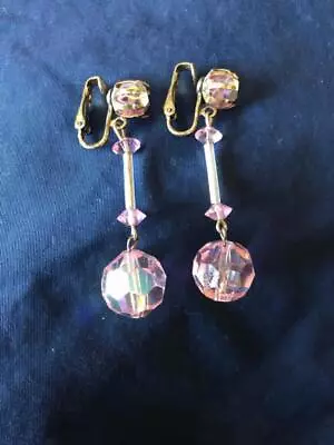 Vintage Earrings PINK CRYSTAL Faceted Beads Hanging 2.25  Long VERY GOOD • $12