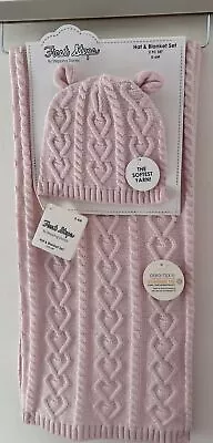 First Steps Pink Cable & Heart Designed Knitted  Soft Baby Blanket  Hat Set • £29