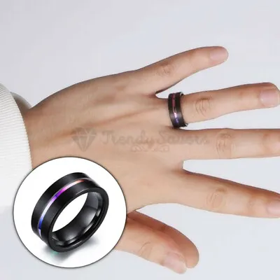 Size 8 (18mm) Q Men Black Matte Groove Dome Wedding Engagement Promise Ring Band • £4.99