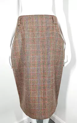 VINTAGE M&S Size 12/14 100% Pure New Wool Dogstooth Knee Length Camel Skirt • £14.99