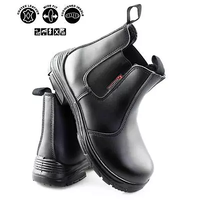 Mens Leather Safety Steel Wide Fit Chelsea Dealer Ankle Work Boots Shoes Size • £22.95