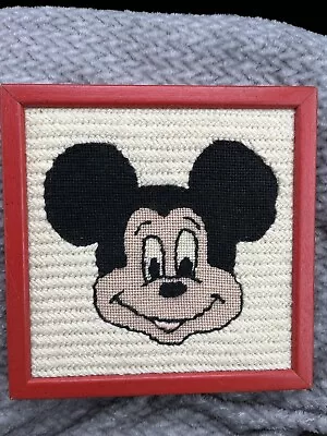 Vtg Collectible Cross Stitched Crewel Needlework Mickey Mouse Framed 9” • $12.50