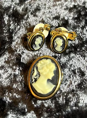 Vintage Cameo Set Earrings Brooch Costume Jewellery Sardonyx Regency Style Boxed • £28