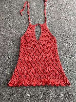 Moda International Y2K Crochet Halter Top Medium Red Cotton  • $19.88