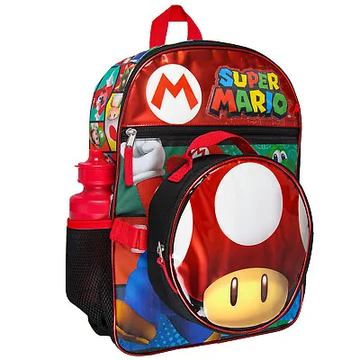 Super Mario Backpack With Detachable Mushroom Lunch Tote 16 Inch 5 Piece Set • $38.95