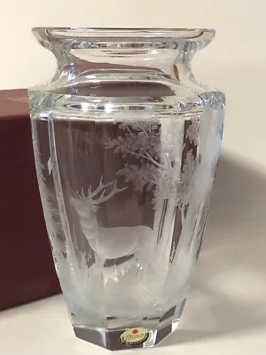 MOSER Crystal Vase Deer In The Forest Motif Clear H10.6  Bohemian Glass W/ Box • $895