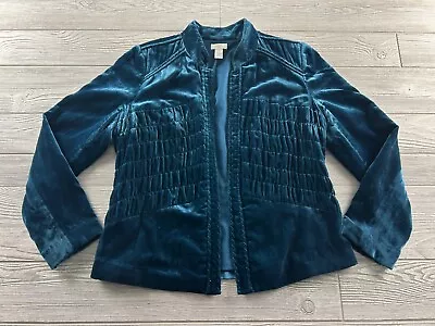 Chicos Velvet Chord Jacket Womens 1 Small Blue Open Ruched Texture Front Lined • $21.24