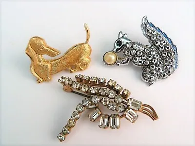 3 Vintage Animal Brooches: Art Deco Eagle Gold Dachshund & Marcasite Squirrel • £16