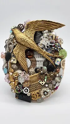 $59.99 • Buy Vintage Collage Art Frame - Bird, Antique Butterfly, Gems, Pearls, Chanel Pin