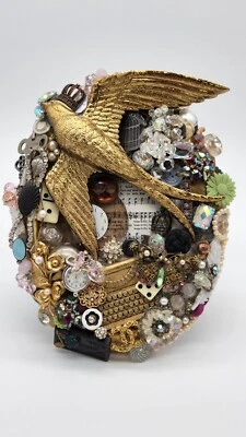 Vintage Collage Art Frame - Bird Antique Butterfly Gems Pearls Chanel Pin • $59.99