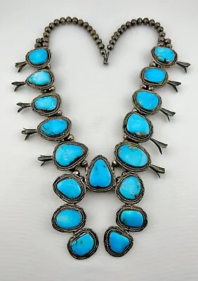 Vtg 25  Navajo Sterling Silver Blue Gem Turquoise Squash Blossom Necklace 225.6g • $1750