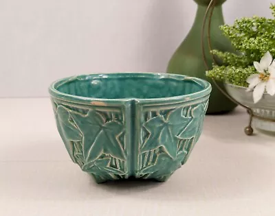 Vintage McCoy Unmarked Pottery Ivy Turquoise Hanging Basket Planter 3 Footed  • $45