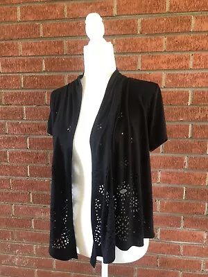 R Q T Small Black Short Sleeve Shrug Light Cardigan Floral Cut Out Ruffle Open • $5