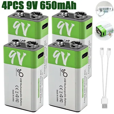 4 Pack 9V Rechargeable Lithium-ion Batteries 650mAh Battery USB Charger Cable UK • £14.99