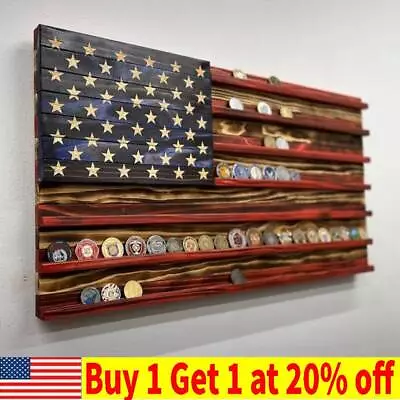 Vintage American Flag Solid Wood Wall Mounted Challenge Coin Display Holder Rack • $19.99