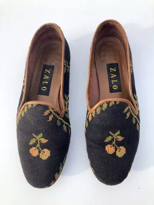 $48 • Buy ZALO Brown Tapestry Leaves + Peaches Flat Slipper Shoes Leather Trim Size 6.5M