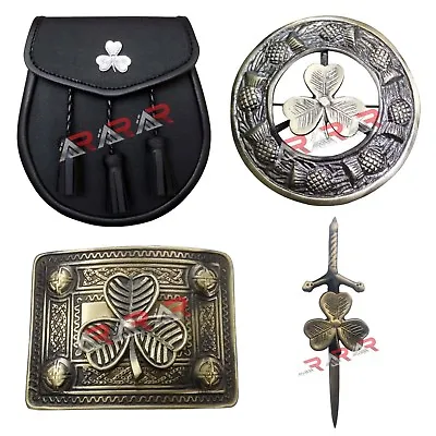 Men's Scottish Kilt Set Shamrock Irish Black Sporran Brooch Buckle Kilts New AAR • $49.99