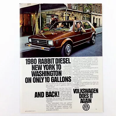 1980 RABBIT DIESEL Brown Car VINTAGE PRINT AD NY To Washington On 10 Gallons • $10.99