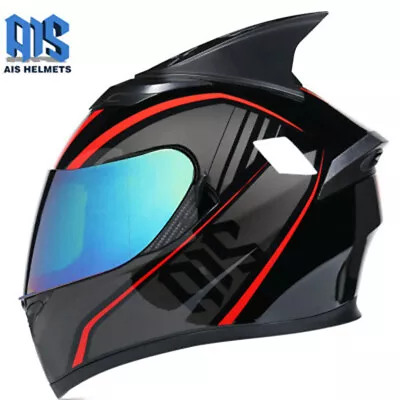 DOT Flip Up Motorcycle Helmet Double Lens Full Face Riding Horn Motocross Helmet • $74.96