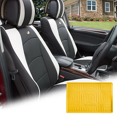 Leatherette Seat Cushion Covers Front Bucket White W/ Yellow Dash Mat For Auto • $145