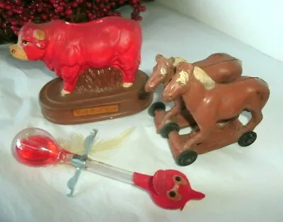 3 Vintage Animals Red Bull Inn Cow rubber Horses On Wheels Weatherbird • $15