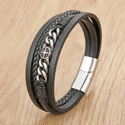 Men's Leather Braided Bracelet Compass Chain Titanium Steel Clasp Magnetic • $13.90