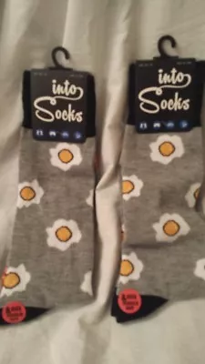 Novelty Dress Socks For Men - Bacon And Eggs Light Grey 2 Pairs • $13