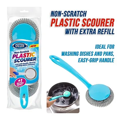 2 Non Scratch Plastic Cleaning Scourer L Easy-Grip Handle Washing Dishes Pans • £4.49