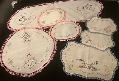 Vintage Embroidered Flowers Doily Sets Pink & Blue Crochet Lace Table Runners  • $9.95