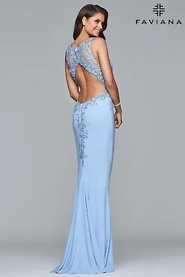 Faviana Sleek Jersey Cloud Blue Open Back Dress With Lace Accent Size 8 • $150